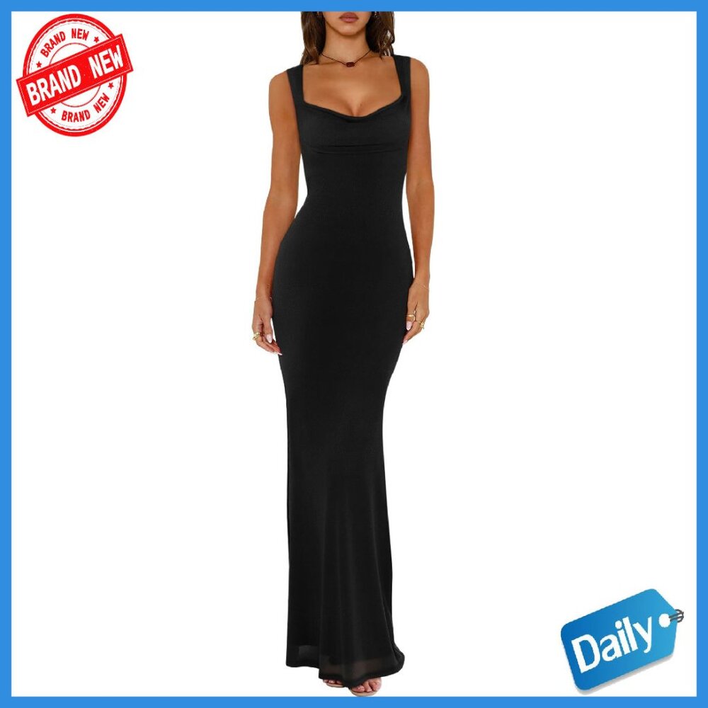 Mesh Cowl Neck Maxi Dress Bodycon Sleeveless Summer Formal